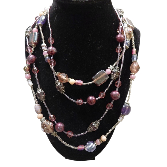 Bohemian Purple and Pink Multi-Strand Necklace Beautiful handpainted glass beads - Picture 1 of 12